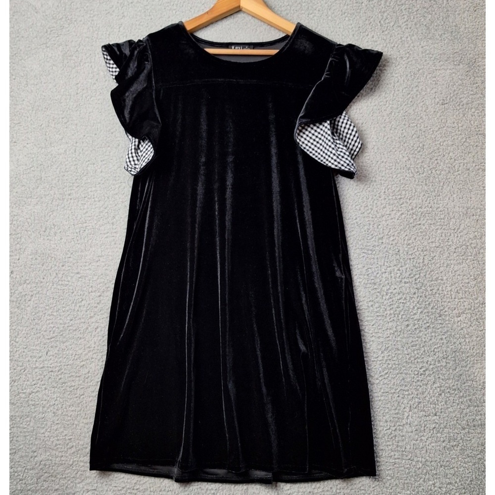 Very J Dress Womens Medium‎ Black Velvet Ruffle Sleeve Dress Party Cocktail